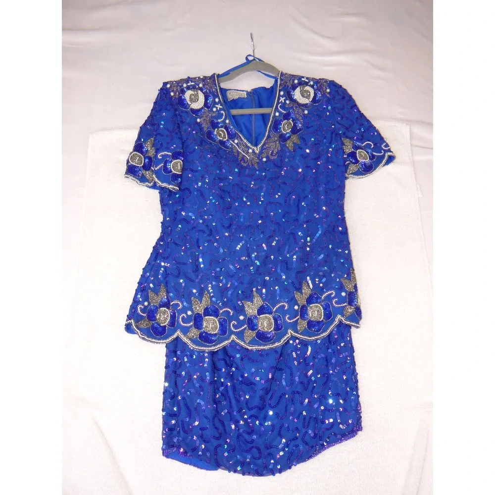 Stenay Vintage Royal Blue Silk Sequin Beaded 2-Piece Skirt Set Size 10 3978